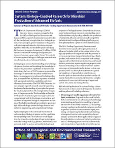 Systems Biology–Enabled Research for Microbial Production of Advanced Biofuels Awards Flyer